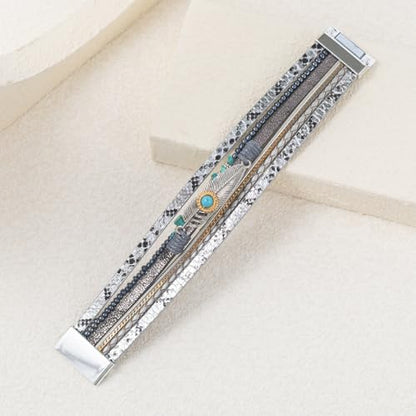 Western Turquoise Leather Cuff Bracelets Boho Feather Cowgirl Jewelry | Stackable Country Hippie Wrap Bangle Set Magnetic Clasp Chunky Beaded Stone Bohemian Statement Outfits for Women Trendy - color: Silver