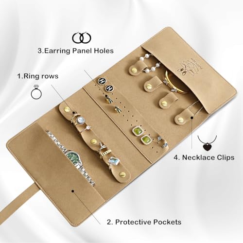 Microfiber Travel Jewelry Storage Roll Jewelry Storage Bag Jewelry Roll Suitable for daily and travel use, large capacity, light and easy to carry (Khaki)