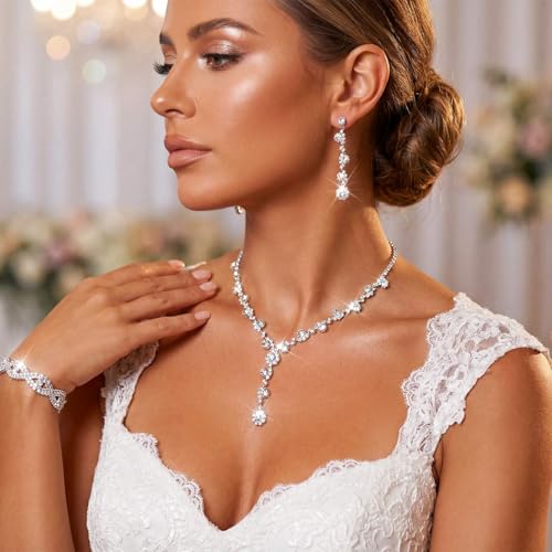 Aukmla Rhinestone Wedding Prom Jewelry Sets Silver Diamond Necklaces and Earring Bracelet Set for Brides and Women - color: Silver