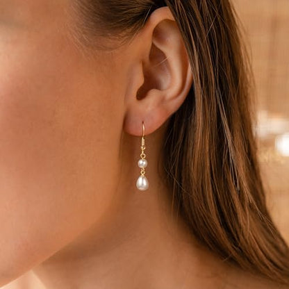 Robaice Pearl Earrings for Women, 14K Gold Plated Dangle Drop Earrings | Small Pearl Drop Huggie Hoop Earrings, Hypoallergenic Dainty Gold Earrings, Wedding Jewelry Gifts for Women Trendy - style: gold two pearl earrings