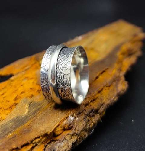925 Sterling Silver Spinner Ring for Men & Women Engraved Floral Band Anxiety Relief Fidget Ring Meditation Ring Statement Jewelry Size 5 To 12