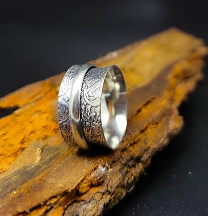 925 Sterling Silver Spinner Ring for Men & Women Engraved Floral Band Anxiety Relief Fidget Ring Meditation Ring Statement Jewelry Size 5 To 12