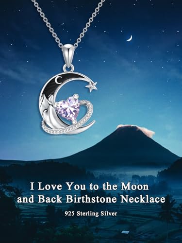 I Love You to the Moon and Back Necklace 925 Sterling Silver Black Crescent Moon Star Pendant with Heart Birthstone Necklace Anniversary Gothic Jewelry Gifts for Women Wife Lovers - color: 06-Light Violet