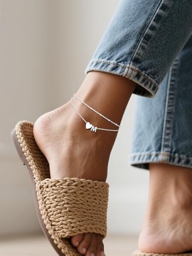 Ankle Bracelets for Women Waterproof 14K Gold/Silver/Black Initial Anklet for Women Dainty Layered Heart Ankle Bracelets Stainless Steel Adjustable Foot Chain Anklet Summer Beach Jewelry - color: L-Silver