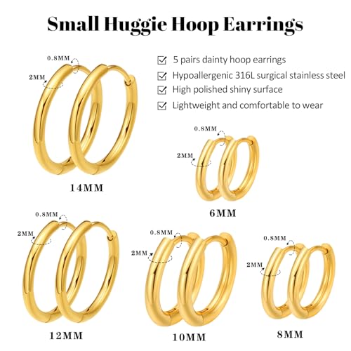 316L Surgical Steel Huggie Hoop Earrings | Dainty Pave Cubic Zirconia Cartilage Tiny Earring for Sensitive Ears Hypoallergenic Lightweight for Women Men - style: Gold Plated,20G*6/8/10/12/14mm