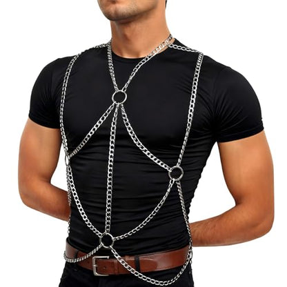 Men's Chest Belt Chain Costume Fashion Festival Outfit | Male Goth Shirt Shoulder Belt Mens Rave Outfit for Festival Party Rave Halloween Cosplay - color: Silver