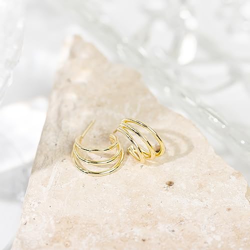 PAVOI 14K Gold Plated Multi Huggie Hoop Earrings for Women - 925 Sterling Silver Posts Triple Split Hoop Gold Earrings for Women - Trendy Fashion Jewelry - style: Triple