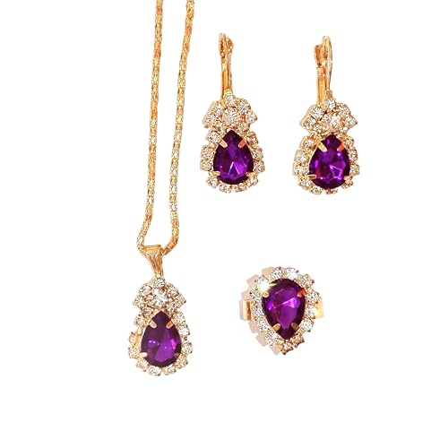 Jewelry Set for Women Love Heart Alloy Artificial Crystal Earrings Pendant Necklace Ring Wedding Party Prom Anniversary Birthday Engagement for Bridal Bridesmaid Girlfriend - color: purple water drop