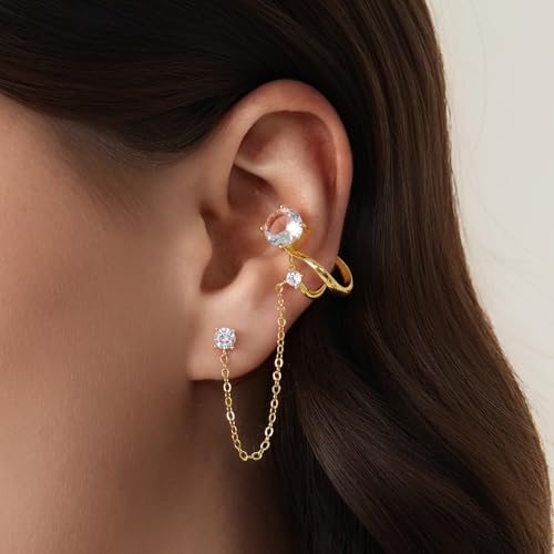 Cicy Bell Ear Cuff Earrings for Women Cubic Zirconia Stud Chain Earrings | 18k Gold Plated Clip On Climber earrings Non Piercing Waterproof Jewelry Gifts Birthday Party - color: Gold