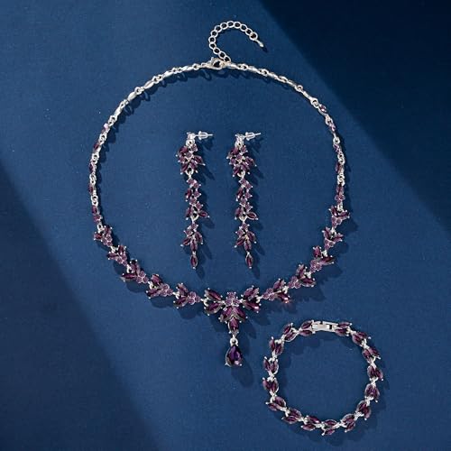 Paxuan Wedding Jewelry Sets for Bride Bridesmaid Bridal Jewelry Set for Women Wedding Crystal Necklace Earrings Bracelet Set for Party Prom Jewelry - color: Purple - Silver