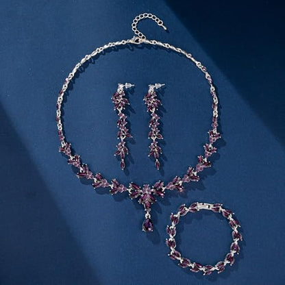 Paxuan Wedding Jewelry Sets for Bride Bridesmaid Bridal Jewelry Set for Women Wedding Crystal Necklace Earrings Bracelet Set for Party Prom Jewelry - color: Purple - Silver