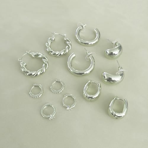 6 Pairs Gold Hoop Earrings for Women, 14K Gold Plated Huggie Hoop Earrings Set Hypoallergenic Lightweight Chunky Open Hoops Jewelry for Gift - color: Silver hoops