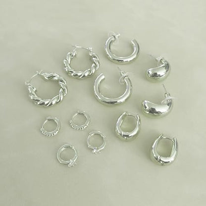 6 Pairs Gold Hoop Earrings for Women, 14K Gold Plated Huggie Hoop Earrings Set Hypoallergenic Lightweight Chunky Open Hoops Jewelry for Gift - color: Silver hoops