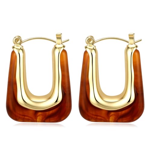 Chunky Gold Boho Hoop Dangle Earrings for Women Gold Plated Hypoallergenic Vintage Stainless Steel Resin Drop Prom Earrings Summer Prom Maximalist Jewelry Gift - color: Rectangle/Amber Brown