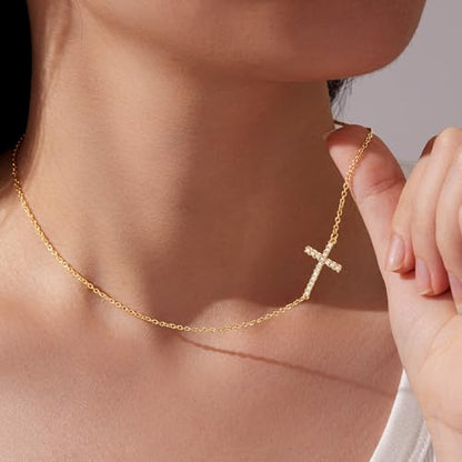 Poxtex Cross Necklace for Women Teen Girls, Dainty 14K Gold Silver Plated Cross Choker Jewelry Non Tarnish Waterproof Cute Simple Small Necklace Christian Baptism Religious Faith Jewelry Gifts - color: 05 Sideway Cross Necklace- CZS