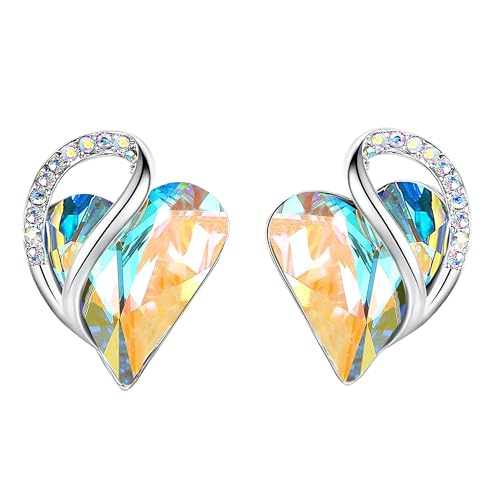 Infinity Love Heart Stud Earrings for Women, Birthstone and Healing Stone, Gifts for Mom, Wife, and Her, Silver Plated - color: 04-April-Rainbow Opal White