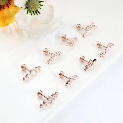 8Pcs Stainless Steel 16G Conch Piercing Jewelry Helix Cartilage Earrings | Flower Opal CZ Stud Earrings Set with Flat Back for Women, 18K Gold Plated, Silver, Rose Gold - color: Rose Gold