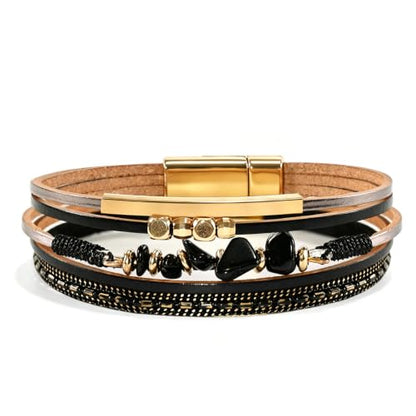 Wrapped Bracelets for Women,Leather Boho Bracelets for Women - color: Stone-Black