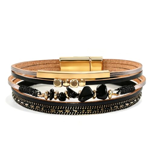 Wrapped Bracelets for Women,Leather Boho Bracelets for Women - color: Stone-Black