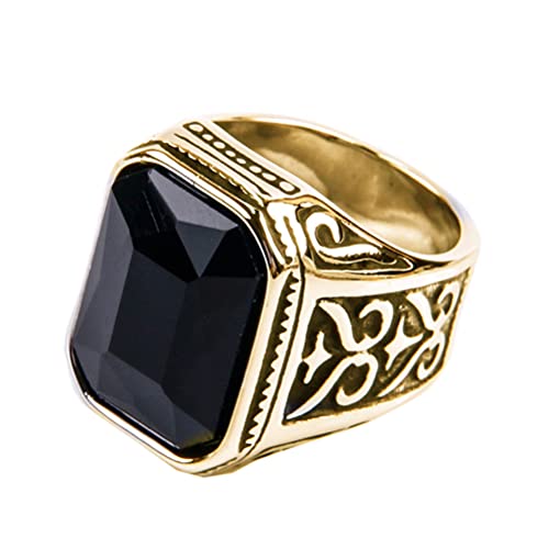 PAURO Promise Rings with Big Stone | Men's Stainless Steel, Vintage Wedding Promise Ring with Big Stone - color: Gold Black Black