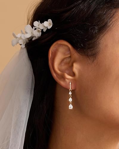 14K Gold Plated/Sterling Silver CZ Pearl Drop Dangle Earrings for Women - color: Gold-Long CZ