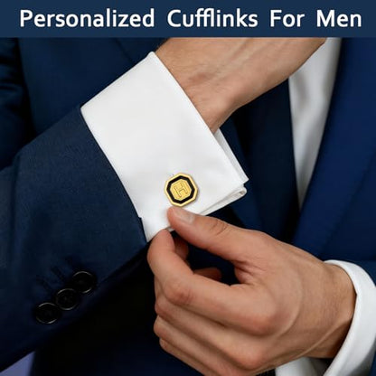 AMITER 18K Gold Plated Initial Cufflinks, Mens Cuff Links for Business Wedding Shirts Studs Suit Accessories - Gift for Groom Husband Father - style: L