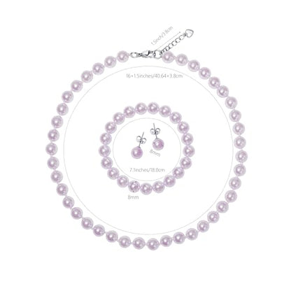 8mm Faux Pearl Necklace Set, Bracelet Earrings for Women & Girls | Glass Material, Handmade Jewelry Detail, Party & Formal Event Style - style: Purple 16 inches