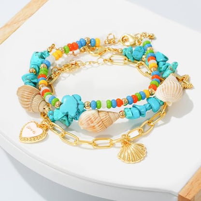 LALAPPLE Shell Bracelet Boho Beaded Stretch Bracelets for Women Seashell Strand Bracelets Starfish Charm Jewelry Summer Beach Jewelry Stackable Crystal Gold Plated Beads Bracelet for Women - style: T-Style6