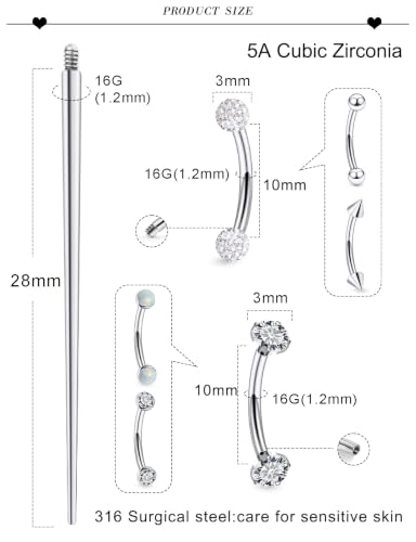 16G Eyebrow Ring Piercing Jewelry Surgical Steel CZ Opal Ball Spike Curved Barbell Vertical Labret Lip Ring Rook Daith Earrings Belly Button Ring Piercing Jewelry for Women Men 6MM 8MM 10MM - color: Silver, size: 16G, 10mm Length