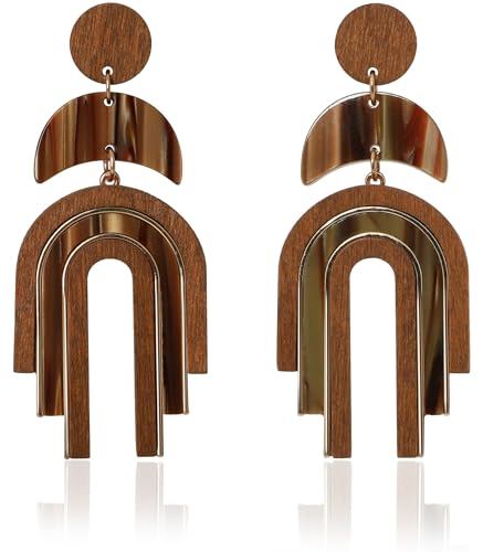 Ozel - Natural Wooden Acrylic Boho Drop Dangle Earrings for Women - Geometric Statement Jewellery - Brown, Black, Magent Red, Olive Green, White beige - color: Arch_Brown