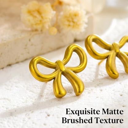 3 Pcs Gold Bow Jewelry Set - Dainty Ribbon Necklace. Outstanding Coquette Aesthetic Accessories Featuring Matching Bracelet Studs, Minimalist Beaded Satellite Chain