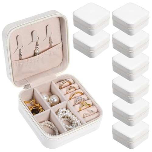8 Pack Travel Jewelry Case Small Travel Jewelry Box Bridesmaid Gifts Jewelrys Box, PU Leather Small Jewelrys Case Organizer Storage for Rings Earrings Necklaces, Beauty Gifts for Women Girls - color: White