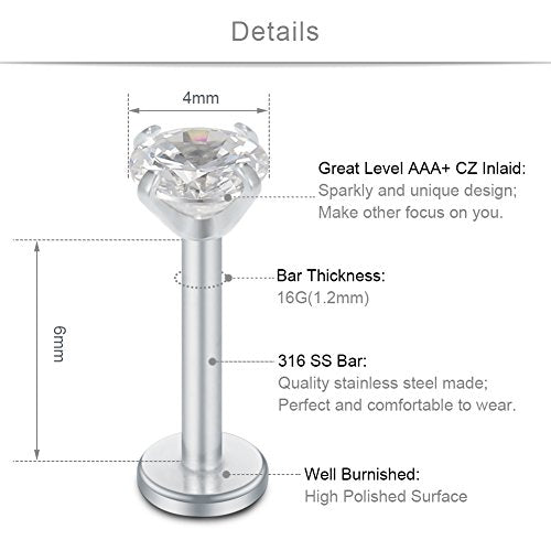 SCERRING 16G Lip Rings Clear CZ Labret Monroe Lip Ring Tragus Nail Helix Earring Stud Piercing Jewelry Bar Length 6mm 8mm 10mm - style: 6PCS - 6mm Silver