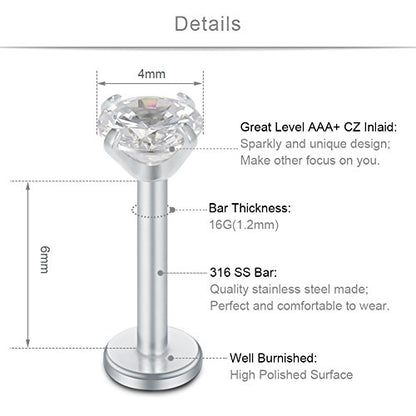 SCERRING 16G Lip Rings Clear CZ Labret Monroe Lip Ring Tragus Nail Helix Earring Stud Piercing Jewelry Bar Length 6mm 8mm 10mm - style: 6PCS - 6mm Silver