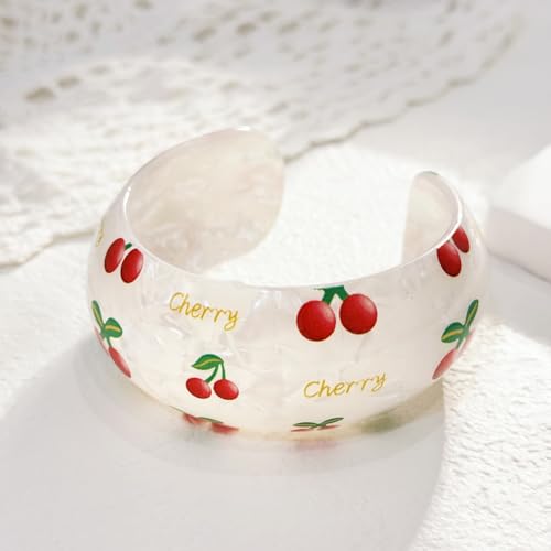 Chunky Fruit Acrylic Cuff Bangle Bracelet for Women, Colorful Strawberry Banana Cherry Watermelon Resin Acetate Wide Open Statement Jewelry Geometric Wristband Bracelets Summer Beach Jewelry - style: Cherry