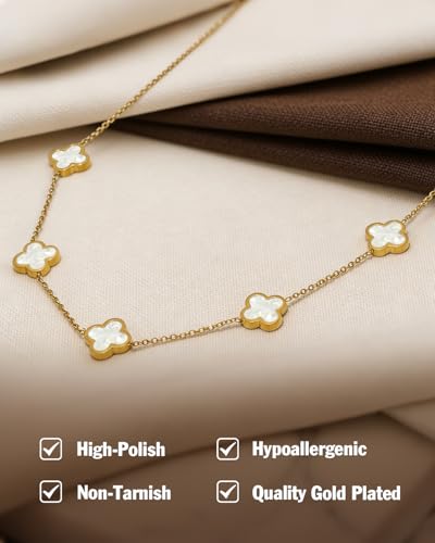Four Leaf Clover Necklace 18K Gold Plated Necklaces for Women Lucky Flower Pendant Adjustable Link Chain Stainless Steel Dainty Trendy Simple Jewelry Gifts for Women - color: 5G-Single White
