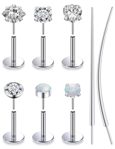 F136 Titanium 20/18/16g Internally Threaded Medusa Monroe Lip Ashley Labret Nose Rings Flat Back Tragus Helix Cartilage Conch Screw Stud Earrings Surgical Steel Piercing Jewelry for Women - color: White CZ, size: 18g*1/4in