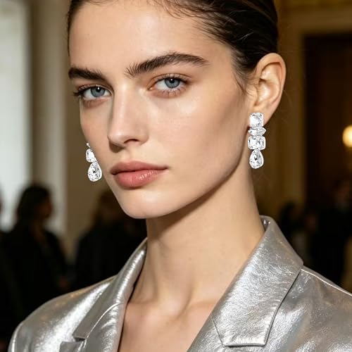 Dainty Sparkly Crystal Square Teardrop Circle Dangle Drop Earrings Long Chic Glitter Rhinestones Geometry Stud Earrings For Women - style: Silver White