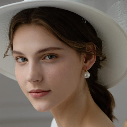 HUGE TOMATO Elegant 925 Sterling Silver Pearl Drop Earrings for Women, 14K Gold Plated Dangle Stud Earrings, Hypoallergenic Large Pearl Hoop Earring dangling 12mm - color: White Pearl Gold Hoop