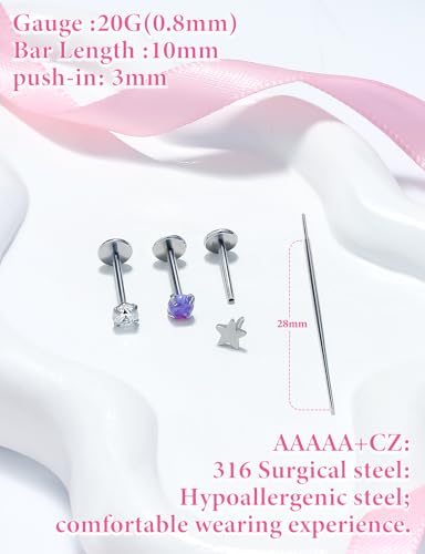 Prjndjw 18G 20G 16G Push in Threadless Nose Rings Stud Earrings Hypoallergenic Flat Back Surgical Stainless Steel Cubic Zircon Helix/Cartilage/Tragus/Lobe Earrings Lip Labret Snake Bite Jewelry - color: 20g 10mm Push In Flat Back Stud Piercing jewelry