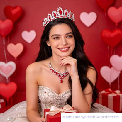Kamirola Bridal Wedding Tiara Crown Jewelry Set for Women/Brides/Bridesmaids Crystal Jewelry Set for Wedding Prom Party Bridal Crystal Necklace Earrings Bracelet Set(TR60) - color: Silver Red