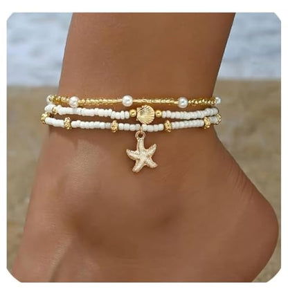 Boho Beach Anklet Set, 3-Layer White Beaded with Gold Shell and Starfish Charms, Pearl Accents