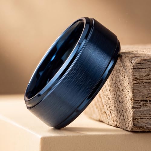 Tungsten Wedding Band Ring Black 10mm Men Women Comfort Fit 18k Rose Gold Step Edge Brushed Polished - color: Blue Tungsten