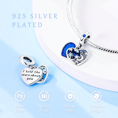925 Sterling Silver Charms Bead for Bracelets Necklaces, Star Moon Crescent Sun Solar Pendent, Blue Ocean Starfish Shells Turtle Crab Starry Sea Cute Jewelry Birthday Gifts for Women Men - style: Blue Heart