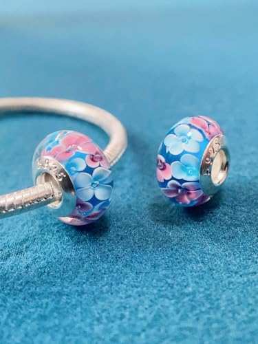 2pcs Authentic 925 Silver Murano Glass Flower Charms for Pandora Bracelets - color: 03-Pink & White flowers