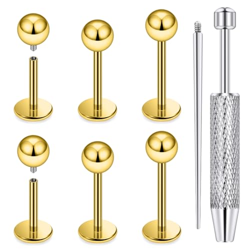 Internally Threaded Labret Studs 18G 16G 14G Surgical Steel Lip Piercing Jewelry with Claw Tool Monroe Snake Bite Jewelry Flat Back Barbell for Women Men Plus Piercing Ball Grabber Tool - color: goldtone, size: 18g,ball end