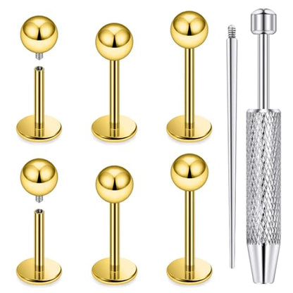 Internally Threaded Labret Studs 18G 16G 14G Surgical Steel Lip Piercing Jewelry with Claw Tool Monroe Snake Bite Jewelry Flat Back Barbell for Women Men Plus Piercing Ball Grabber Tool - color: goldtone, size: 18g,ball end