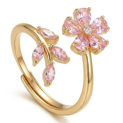 Flower Leaf Wrap Finger Ring for Women,Delicate Pink Crystal Floral Statement Open Ring,Adjustable Promise Engagement,Trendy Irregular Flower Accessories,Prom Jewelry Accessory