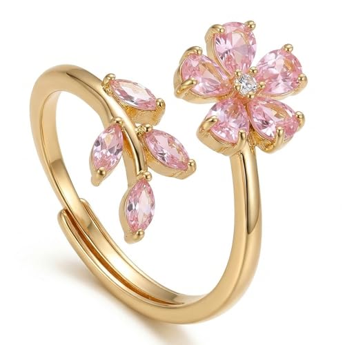 Flower Leaf Wrap Finger Ring for Women,Delicate Pink Crystal Floral Statement Open Ring,Adjustable Promise Engagement,Trendy Irregular Flower Accessories,Prom Jewelry Accessory
