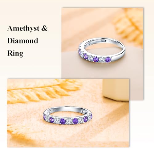 Bezel Set Birthstone Wedding Band 14K Gold Sterling Silver Stackable Half Eternity Band Rings 2.5mm Wide Ruby/Amethyst/Sapphire/Emerald Green/Aquamarine Ring for Women, Send Gift Box - style: 02-Created Amethyst & CZ